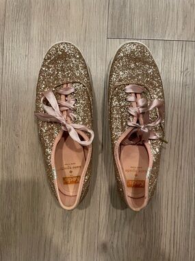 Keds Glitter Lace-Up Sneakers in Rose Gold with Pink Satin Laces